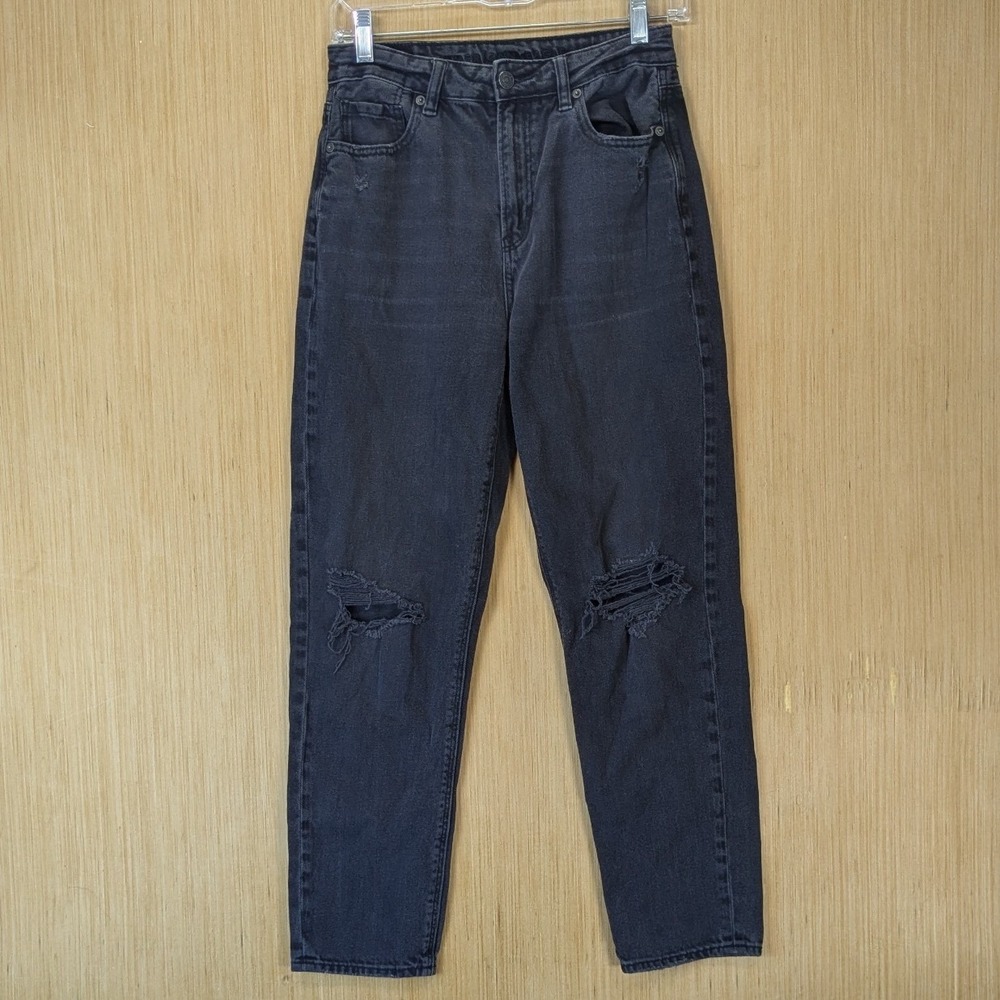 American Eagle Mom Straight Jeans Size 2 Black Distressed Comfort Stretch High